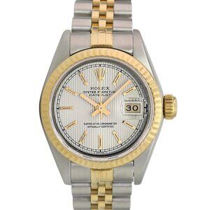 ROLEX DATEJUST CREAM TAPESTRY INDEX DIAL 18KY FLUTED JUBILEE TWOTONE WATCH 69173